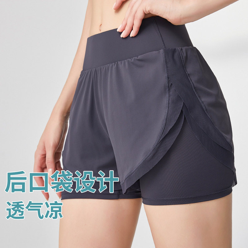 防走光运动短裤女外穿休闲高腰宽松拼网纱透气薄款假两件健身短裤