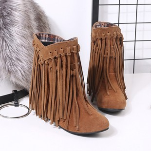 舒适休闲内增高小矮靴磨砂皮流苏靴大码40-43码流苏短靴子44-48码