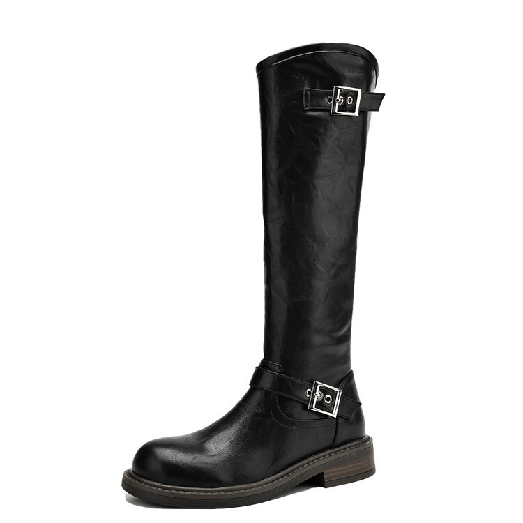 欧美风皮带扣黑色骑士靴大筒围靴子棕色马靴平底高筒靴大码40-43
