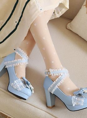 洛丽塔高跟鞋蓝色甜美蝴蝶结蕾丝网状粗跟单鞋大码44 45 46 47 48