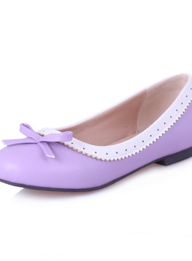 蝴蝶结花边平底鞋紫色拼色平跟单鞋大码45 46 47 48 49 50 51 52