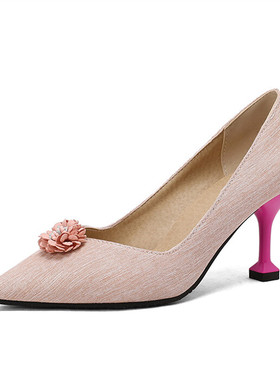 花朵猫跟鞋蓝色牛仔布尖头高跟单鞋浅粉色高跟鞋大码47 48 49 50