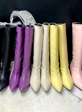 紫色女靴黄色靴子粉色高筒靴休闲素面尖头平底高筒靴大码44-48码