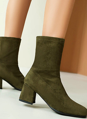 春秋高跟单靴瘦瘦弹力靴军绿色绒面粗跟短靴子大码44 45 46 47 48