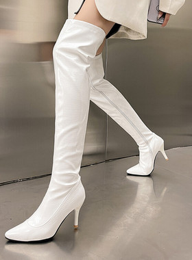 显瘦白色过膝靴绿色漆皮长靴鳄鱼纹细跟长筒靴大码44 45 46 47 48