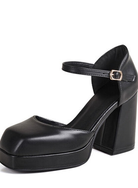 一字式搭扣方头粗跟四季鞋军绿色防水台粗跟单鞋大码44 45 46 47