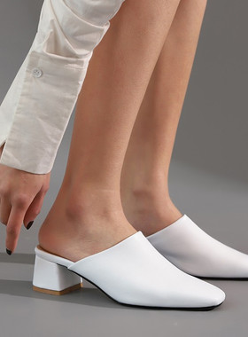 休闲百搭一字拖白色中跟凉鞋包头粗跟凉拖鞋大码45 46 47 48 49