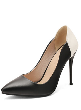 黑白拼色尖头显瘦超高跟鞋10CM高跟单鞋大码44 45 46 47 48 49 50