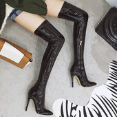 明星同款 49码 超长美腿高跟过膝靴包腿显瘦细跟漆皮长靴子大码