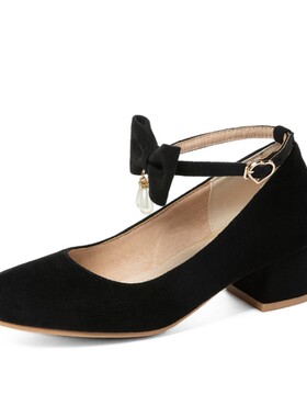 甜美蝴蝶结粉色中跟女单鞋大码43 44 45 46 47 48码粗跟单鞋绿色