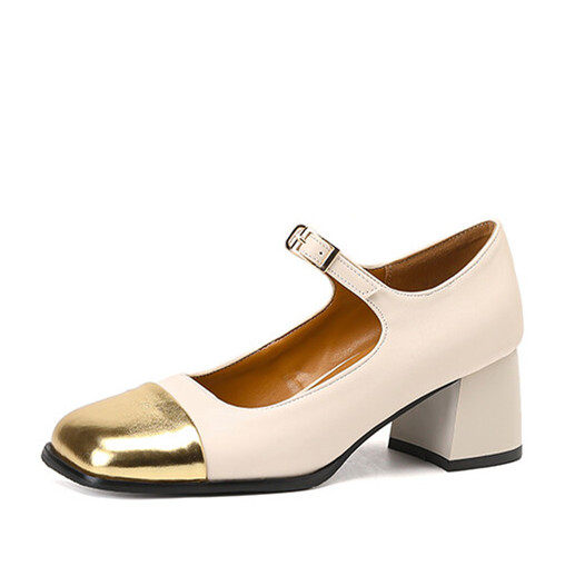 学院风方头拼色粗跟单鞋小香风色拼接中跟鞋大码43 44 45 46码鞋,女鞋,玛丽珍鞋,淘宝优惠券,粉丝福利购,淘宝优惠卷