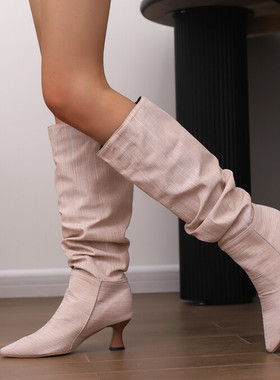 蓝色牛仔布女靴子粉色高筒靴米色褶皱中跟靴子大码44 45 46 47 48