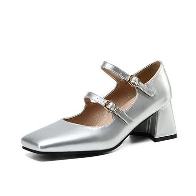 皮带扣玛丽珍鞋银色粗跟单鞋酒红色漆皮高跟鞋大码44 45 46 47 48