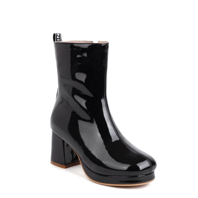 粉色防水台高跟漆皮大码中筒靴