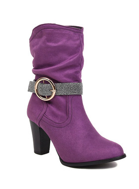 欧美风皮带扣粗跟中筒靴紫色女靴绒面高跟靴子大码44 45 46 47 48