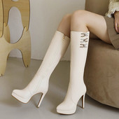 米白色长靴子水钻防水台骑士靴尖头超高跟高筒靴大码