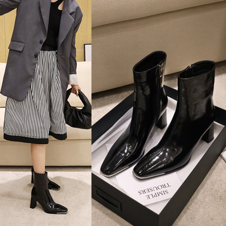 网红显瘦方头漆皮中筒靴44-48码