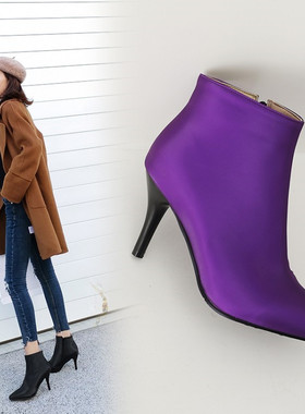 欧美潮显瘦拉链尖头高跟靴紫色时装靴紫色短靴大码44 45 46 47 48