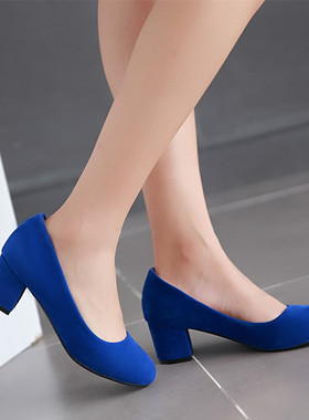 休闲百搭绒面粗跟单鞋蓝色浅口圆头中跟鞋大码40 41 42 43码女鞋