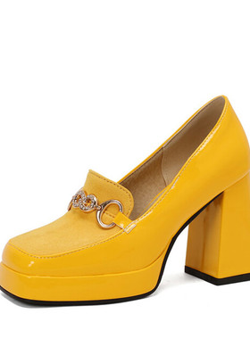 金属扣黄色漆皮粗跟单鞋粉色防水台超高跟鞋大码46 47 48 49 50