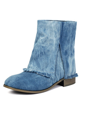 欧美新款一脚蹬牛仔靴子蓝色牛仔布平底短靴子大码44 45 46 47 48