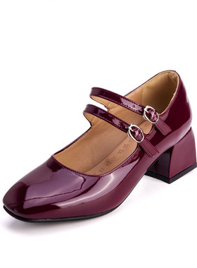 酒红色中跟单鞋黄色粗跟单鞋糖果色漆皮高跟鞋大码46 47 48 49 50