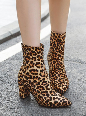 灰色女靴豹纹短靴显瘦尖头粗跟弹力靴大码44 45 46 47 48码高跟靴