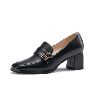 优雅舒适粗跟单鞋皮带扣方头中跟鞋大码44 45 46 47 48码粗跟皮鞋