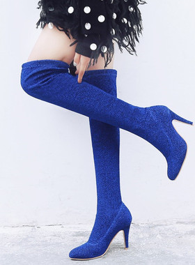 蓝色过膝靴银色长靴子红色性感蕾丝显瘦弹力靴大码44 45 46 47 48