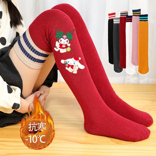 新年圣诞红儿童袜子女童长筒袜秋冬季加厚加绒过膝袜女孩学生卡通