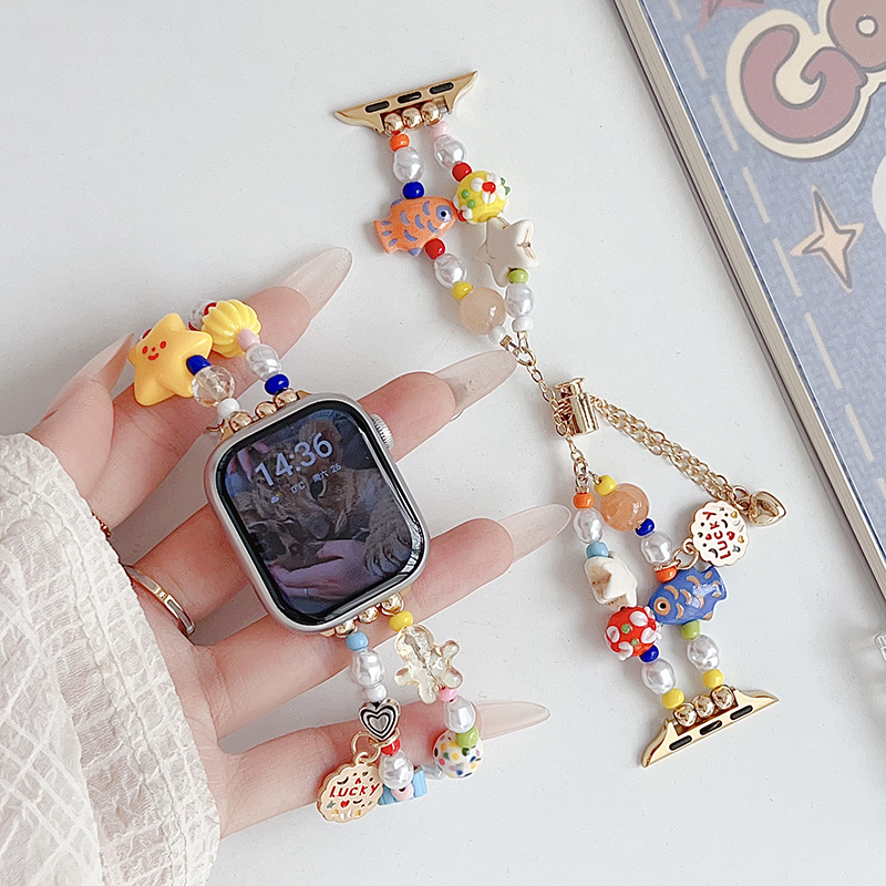 适用苹果手表s10彩色多巴胺可爱表带iwatch98765se串珠手链女款夏