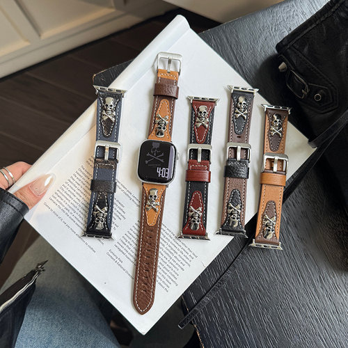 适用苹果手表s12ultra3个性金属骷髅头真皮表带iwatch98765se男女