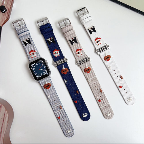 适用苹果手表s10ultra2牛仔帆布皮表带iwatch98765卡通刺绣男女款