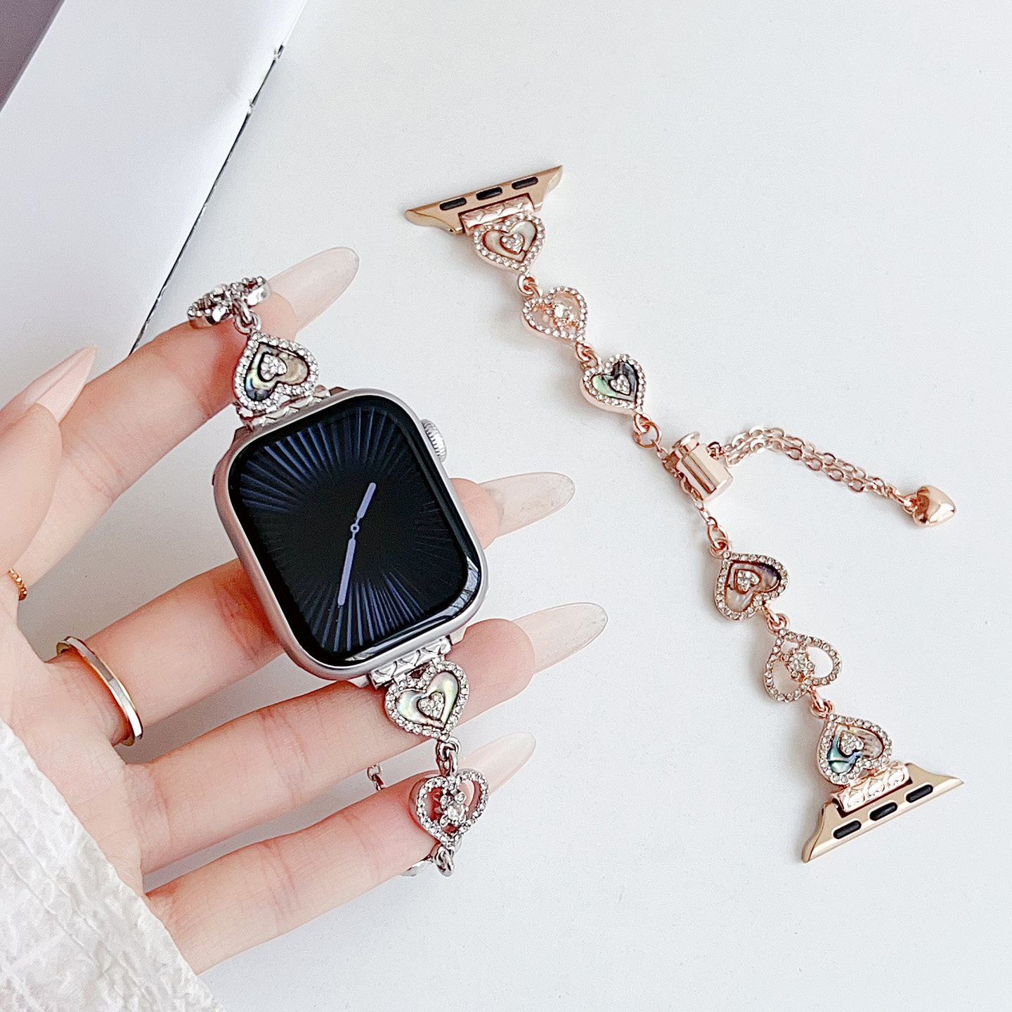 适用Apple Watch11se3爱心形钻石手链苹果手表678910金属表带女款