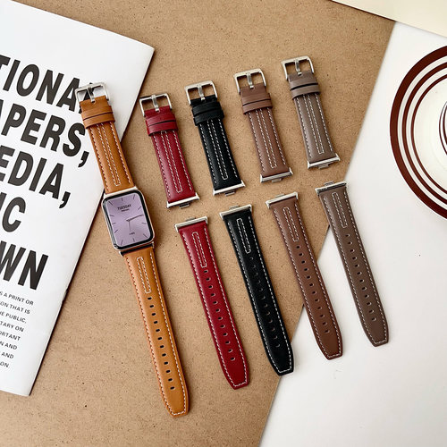 适用红米6watch4/5真皮表带小米手环9pro8缝线替换透气腕带男女款