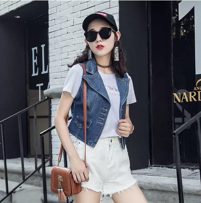 Phụ nữ xuân hè 2019 Phiên bản Hàn Quốc của cổ áo vest ngắn phần denim vest nữ vest vest vest da denim vest vest - Áo vest vest công sở nữ