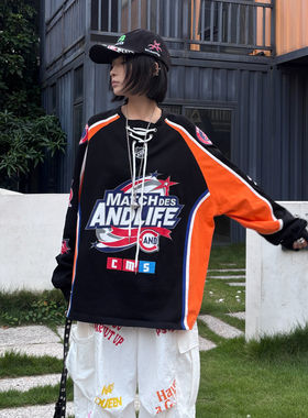 ANDLIFE品牌拼接立体织带13号印花冰球球衣男女潮牌长袖t恤街舞潮