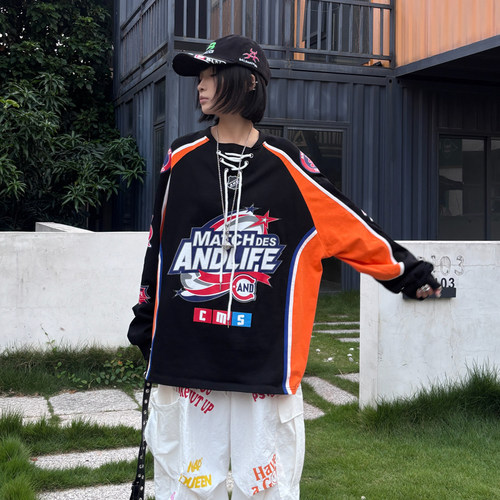 ANDLIFE品牌拼接立体织带13号印花冰球球衣男女潮牌长袖t恤街舞潮