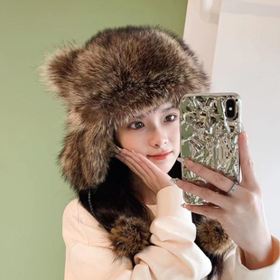 赫本风进口小浣熊皮草帽子女款冬季保暖加厚真皮草毛护耳棒球帽子