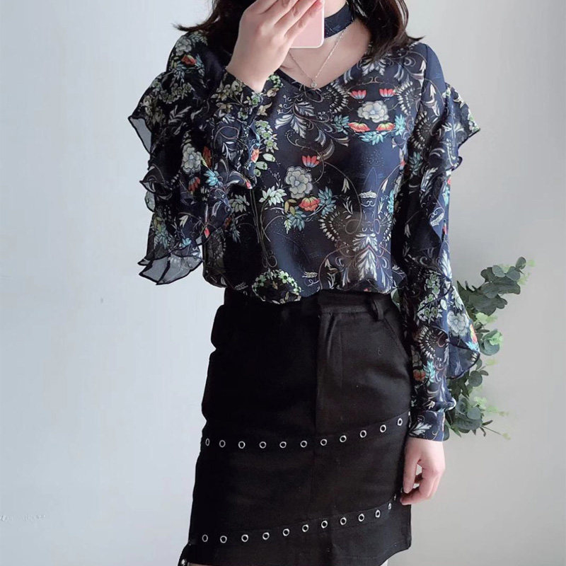品牌折扣淑女系列春秋上衣女新款荷叶边长袖挂脖雪纺衫衣v领女