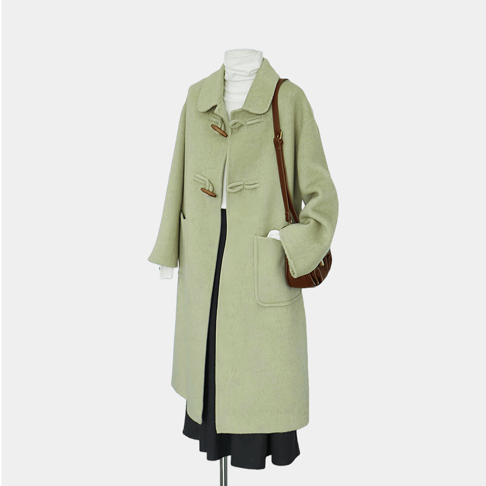 浅绿色牛角扣双面羊绒大衣女中长款小个子韩系澳毛毛呢外套春冬新