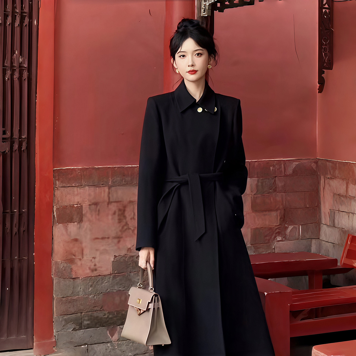 赫本风黑色双面羊毛呢大衣女春秋图片