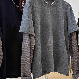 遮肉内搭上衣 T恤女秋冬宽松大版 胖MM大码 240斤假两件磨毛加厚长袖