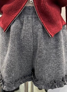 胖MM大码240斤灰色加厚休闲阔腿短裤女秋冬木耳边撞色叠穿保暖裤