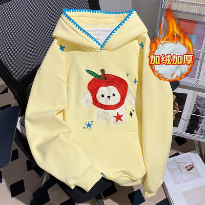 多巴胺独特漂亮卫衣女秋冬2025新款胖mm大码加绒加厚连帽刺绣外套