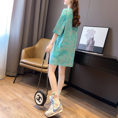 纯棉3D印花T恤夏季春款女装2025年新款连衣裙设计感小众中长裙子