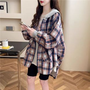胖mm大码格子连帽衬衫女春秋薄款宽松慵懒风百搭衬衣复古港味外套