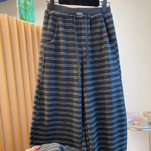 女秋冬休闲弯刀裤 胖mm200斤大码 慵懒风巨显瘦加绒加厚条纹阔腿裤