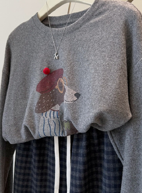 胖MM大码240斤灰色卡通减龄德绒加厚长袖T恤女秋冬宽松大版内搭衫