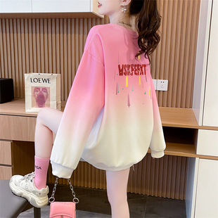 大码女装2025新款春秋季宽松胖妹妹渐变色卫衣女洋气独特别致上衣